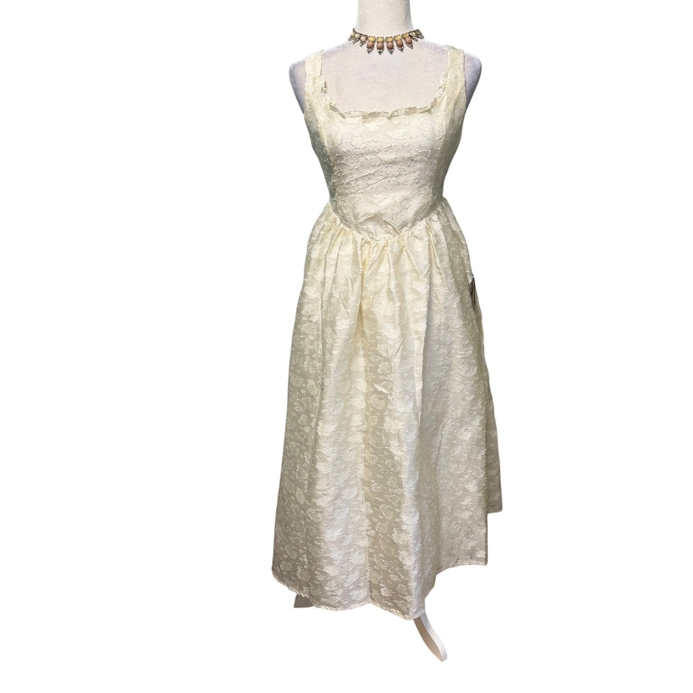 Lulus Dress Women M‎ Basque Cream Floral Jacquard Ruffle Square Neck Midi A-Line - Picture 8 of 11